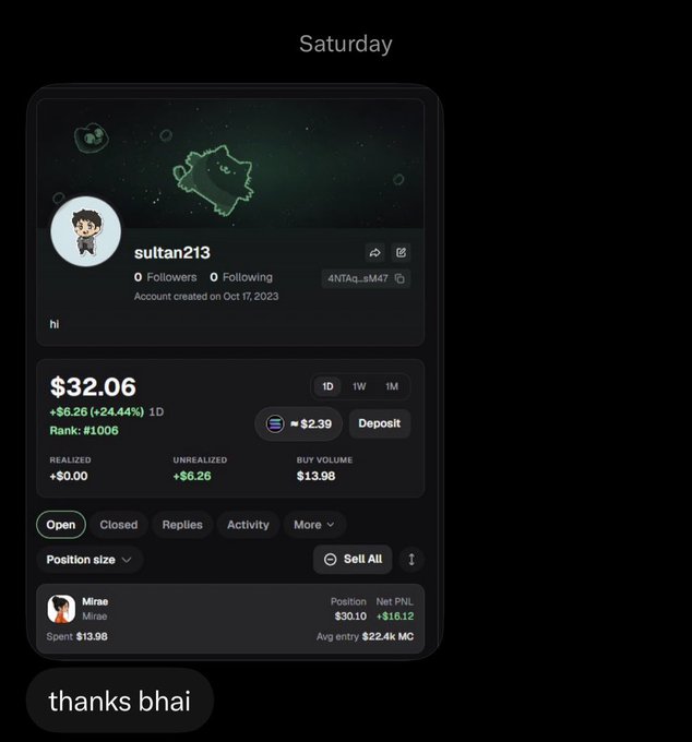 A screenshot of a Saturday social trading profile for user 'sultan213' showing a portfolio value of $32.06 with +$6.26 (+24.44%) 1D gains, ranked #1006, with a 'thanks bhai' message at the bottom.