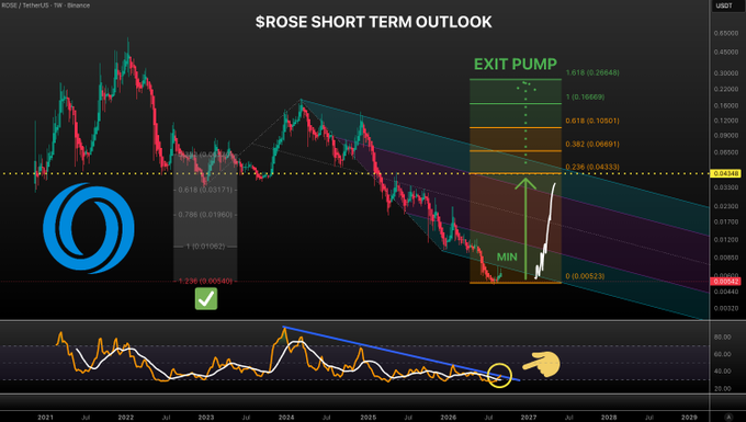 A financial chart titled '$ROSE SHORT TERM OUTLOOK' displays ROSE/USDT price action from 2021 to 2029 with annotations including 'EXIT PUMP', Fibonacci retracement levels, a 'MIN' label, and a checkmark.