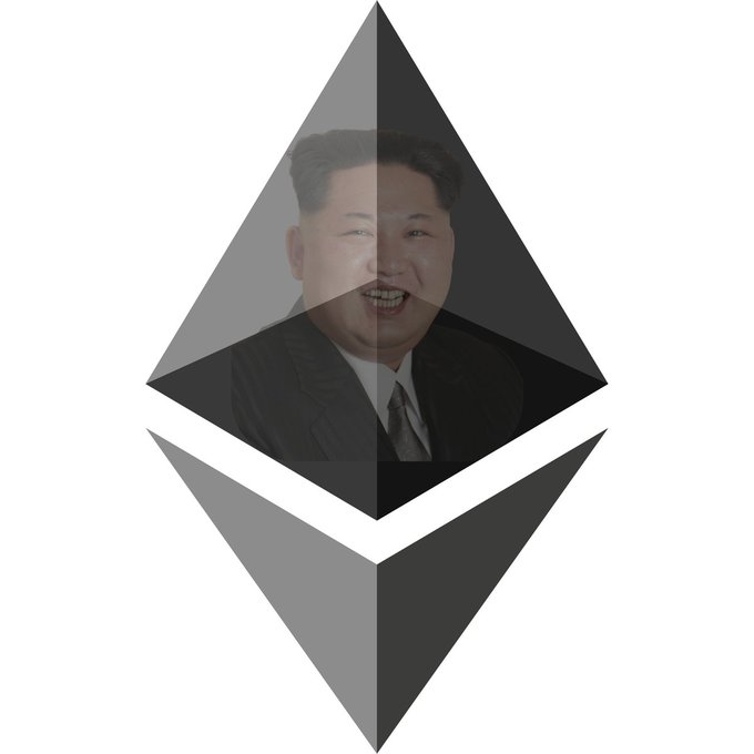 An internet meme image featuring a face of Kim Jong-un edited into the center of the Ethereum logo's diamond shape.