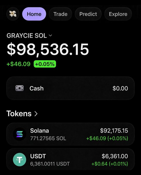 A mobile crypto wallet interface showing a balance of $98,536.15 for 'GRAYCIE SOL', with holdings in Solana (771.27565 SOL valued at $92,175.15) and USDT (6,361.0011 USDT valued at $6,361.00).
