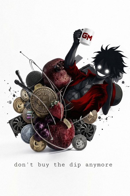 An anime-style illustration depicts a dark figure with glowing white eyes drinking from a mug labeled "GM," surrounded by an assortment of cryptocurrency coins and computer hardware components, with the caption "don't buy the dip anymore".