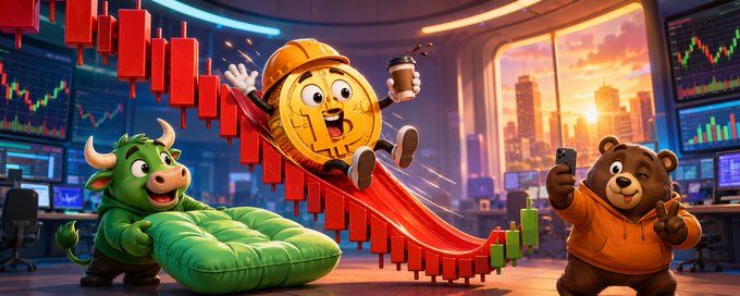 A colorful cartoon illustration depicting a cryptocurrency trading scene with a golden Bitcoin character wearing a hard hat sliding down a red candlestick chart, surrounded by a green bull, a bear taking a selfie, and trading screens in the background.