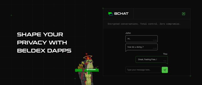 Promotional image for Bchat by Beldex Dapps showing a private encrypted messaging interface with the text 'SHAPE YOUR PRIVACY WITH BELDEX DAPPS'.