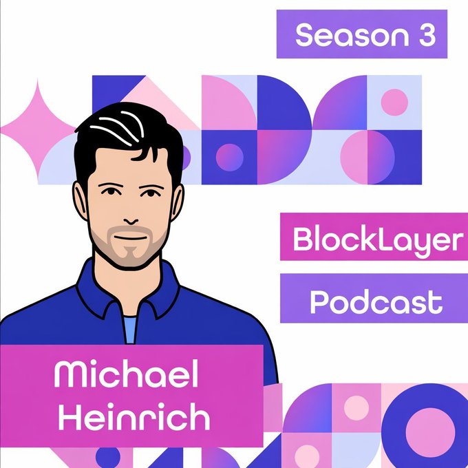A stylized illustration of Michael Heinrich with a beard and dark hair, set against a pink and purple geometric background. The image is branded as "Season 3" of the "BlockLayer Podcast," featuring his name in a pink banner, visually introducing him as the guest discussed in the accompanying post about his work with 0G Labs.