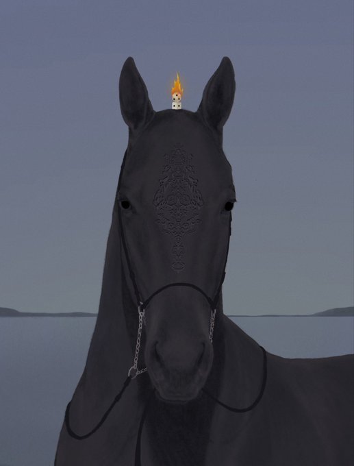 A black horse is shown in close-up with a small candle or flame animation between its ears and an ornate embossed pattern on its forehead.