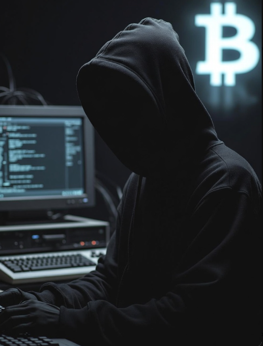 A hooded figure in silhouette sits at a computer terminal with code on the screen, while a glowing Bitcoin symbol illuminates the dark background.