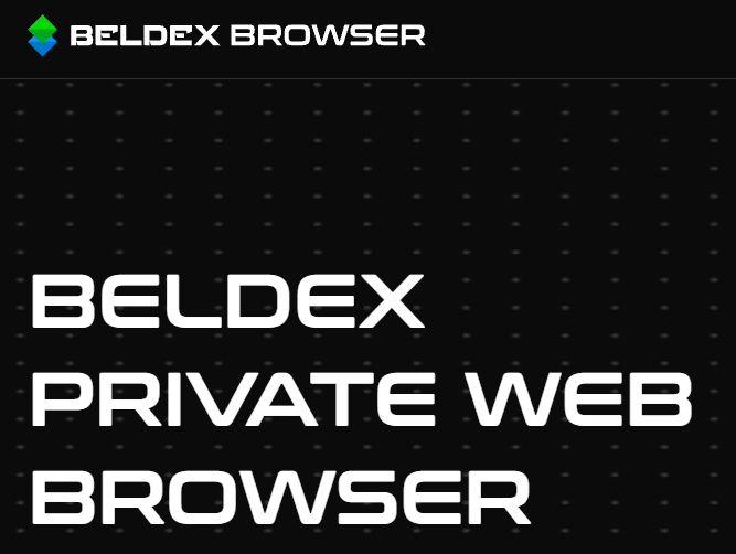 A black and white promotional graphic for 'BELDEX BROWSER' advertising it as a 'BELDEX PRIVATE WEB BROWSER' with a green logo.