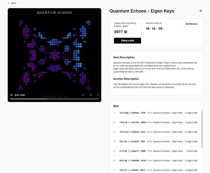 An OpenSea auction page for 'Quantum Echoes - Eigen Keys' showing a lowest winning bid of 3,977 with 19:14:05 remaining, featuring 50 winners and bids listed below.