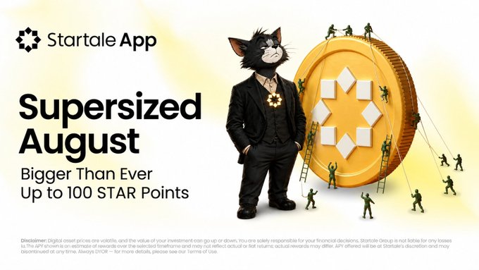 The image is a promotional banner for Startale App's "Supersized August" campaign, featuring an anthropomorphic black cat in a suit next to a giant gold BNB (Binance Coin) token with miniature figures climbing on it, advertising the ability to earn up to 100 STAR Points through the new August Missions promotions.

Key text visible: "Startale App," "Supersized August," "Bigger Than Ever," and "Up to 100 STAR Points," along with a disclaimer about digital asset volatility.