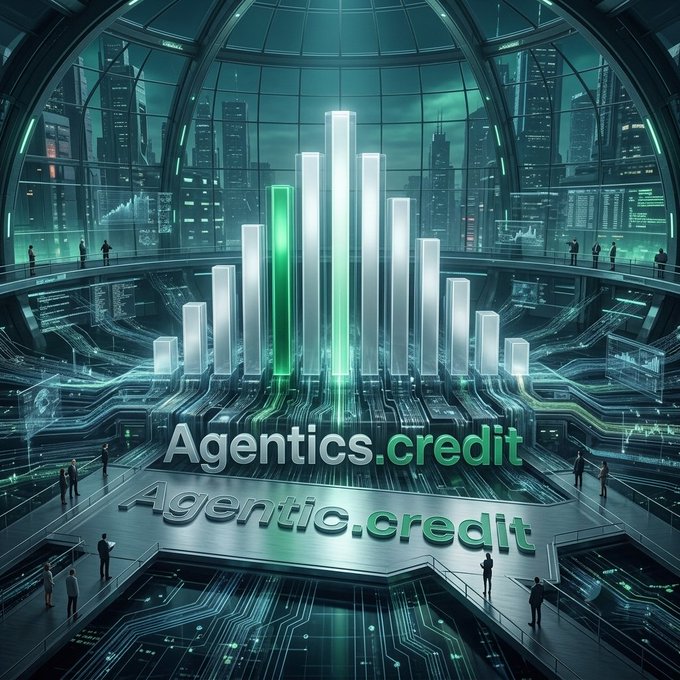 A futuristic, sci-fi style digital illustration of a glowing bar chart inside a dome structure with the text 'Agentics.credit' displayed prominently.