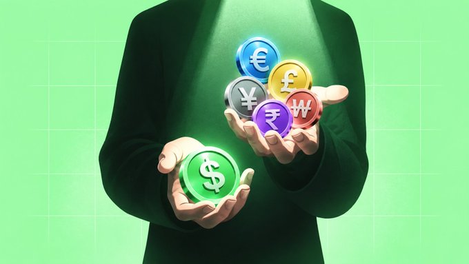 Illustration of a person in a black suit holding a green dollar coin in one hand and a cluster of various colorful currency coins in the other against a green background.