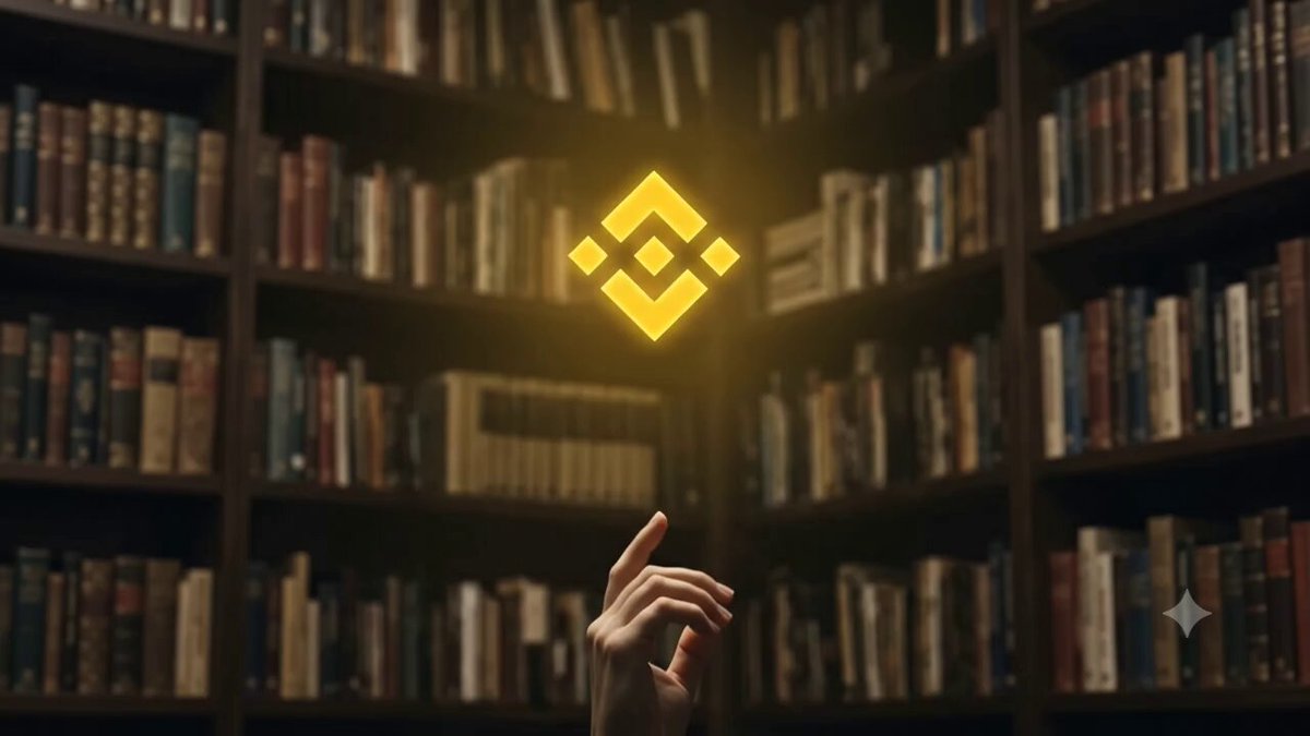 In the image, a hand is holding up a golden flame that appears to be glowing with yellow light. The flame is located above a bookshelf filled with numerous books of various sizes and colors. The background features a dark room with a large bookshelf in front of it. The caption below the image reads: "The Golden Flame between @Binance and $LUNC".