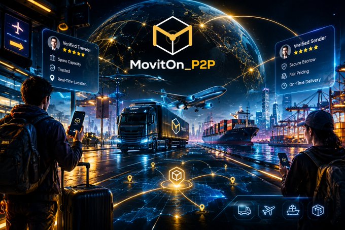 A promotional image for 'MovitOn_P2P' featuring a futuristic logistics scene with a truck, airplane, and ship against a city backdrop, alongside verified traveler and sender interface panels showing star ratings and features like 'Trusted,' 'Secure Escrow,' and 'Fair Pricing.'