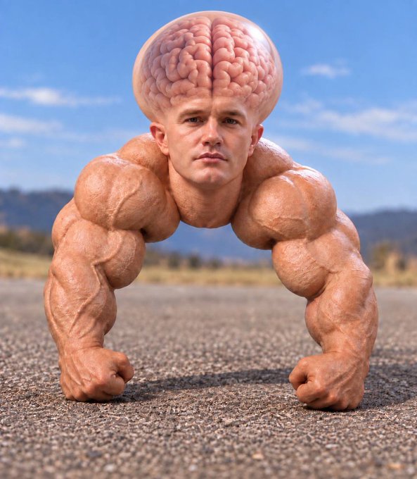 A surreal AI-generated image depicts a muscular humanoid figure with an exposed brain instead of a head, posed in a push-up stance on a paved surface.