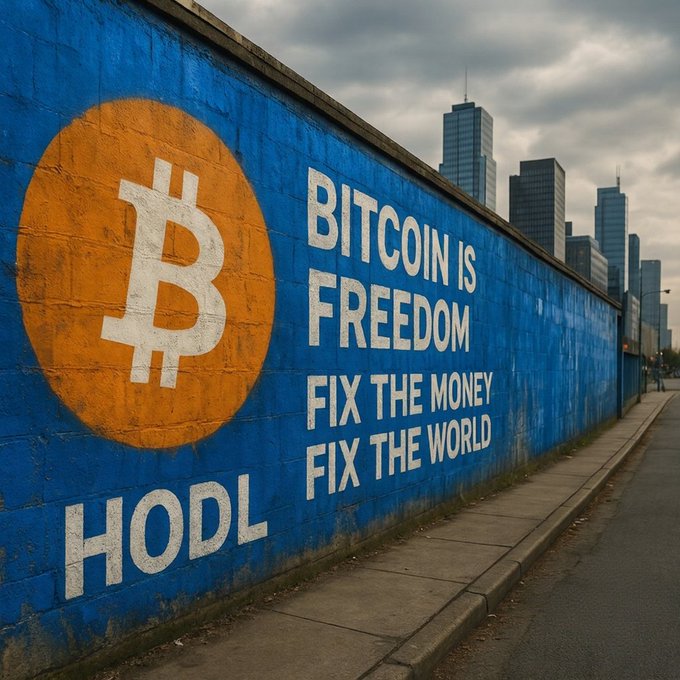 A weathered blue wall displays a large orange Bitcoin logo alongside bold white text reading "BITCOIN IS FREEDOM," "FIX THE MONEY FIX THE WORLD," and "HODL," set against a city skyline under a cloudy sky. The mural's message reinforces the post's claim that Bitcoin represents superior money, with the ₿ symbol directly mirroring the artwork's iconic design.