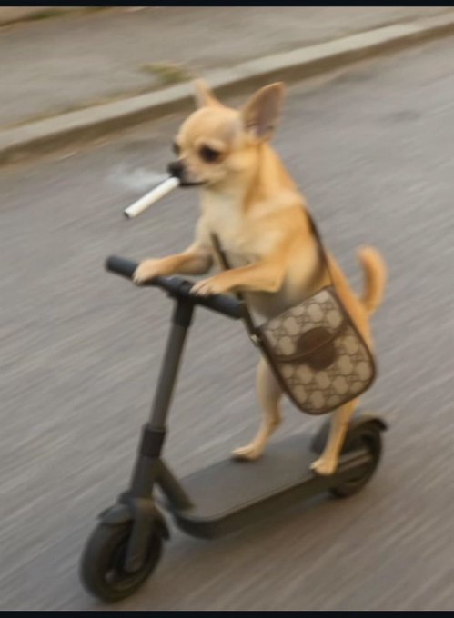 A small tan dog wearing a Gucci-patterned bag rides an electric scooter while holding a cigarette in its mouth.