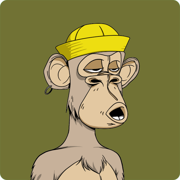 A cartoon illustration of a bored-looking Bored Ape NFT character wearing a yellow construction hard hat against an olive green background.