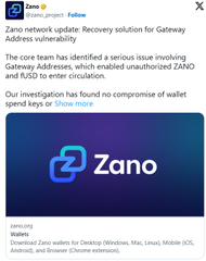 A screenshot of a tweet from @zano_project announcing a network update for Zano following a vulnerability that allowed unlimited $ZANO minting, noting no wallets were compromised and the fix required a chain rollback. The post aligns with the caption's description of Zano rolling back its blockchain to undo damage from a token-minting exploit.