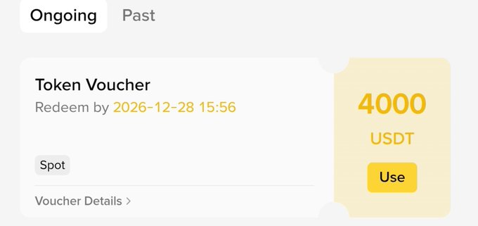 A Binance token voucher interface displays an ongoing 4,000 USDT reward redeemable by 2026-12-28 15:56 for Spot trading, which corresponds to the user's celebration of receiving a $4,000 USDT referral bonus from the "Referral Dhamaka 2026" campaign.