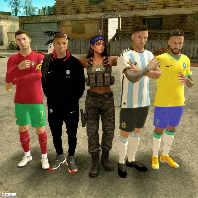 Five avatars resembling famous soccer players—including Ronaldo (in a Portugal kit), Mbappé (in PSG gear), Messi (in Argentina stripes), and Neymar (in Brazil yellow)—stand in a line alongside a female character, with "GM FRIENDS" as a cheerful good morning greeting to fans on what appears to be a GTA game setting.