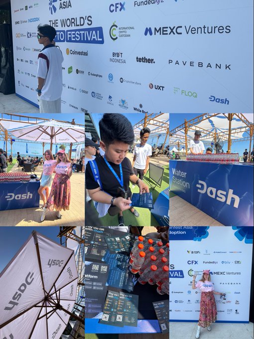 A collage of photos from a crypto event, 'THE WORLD'S CRYPTO FESTIVAL', showing sponsor logos including CFX, MEXC Ventures, PaveBank, and Dash, along with attendees at booths and a water station.