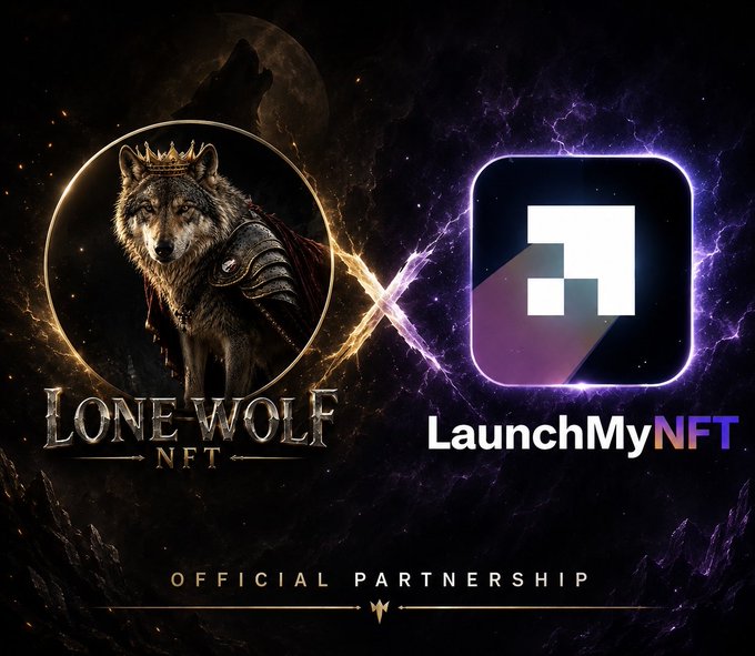 A promotional graphic announcing an 'OFFICIAL PARTNERSHIP' between 'LONE WOLF NFT' featuring a wolf wearing armor and a crown, and 'LaunchMyNFT'.