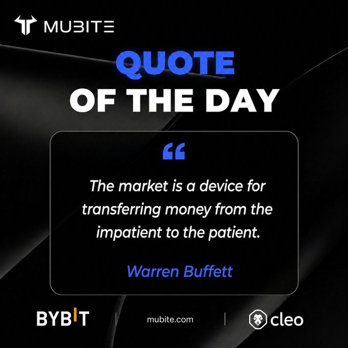 The image displays a "Quote of the Day" graphic from Mubite featuring Warren Buffett's saying: *"The market is a device for transferring money from the impatient to the patient."* The dark, sleek design with blue and white text reinforces the post's message about patience being a critical trading skill and risk management tool for funded traders, rather than forcing trades before proper setups emerge.