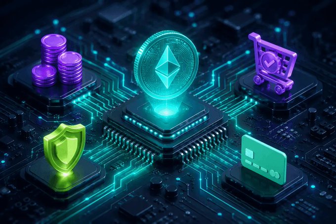 A 3D graphic displays a central glowing Ethereum coin on a computer chip surrounded by other cryptocurrency-related icons including coin stacks, a shield, a credit card, and a shopping cart.