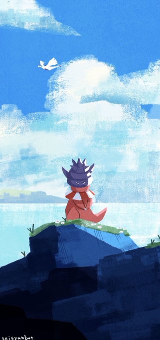 A digital illustration showing a small character with a purple spiky head sitting on a rocky cliff overlooking the ocean, with a white bird flying in the cloudy blue sky. The artist's signature 'sciscyamber' appears in the bottom left.