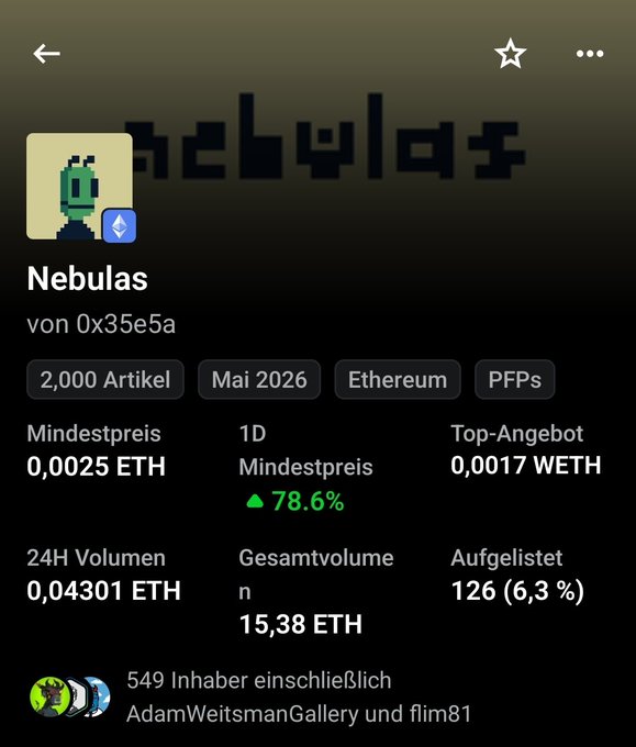A mobile screen showing NFT collection statistics for 'Nebulas' by 0x35e5a, with 2,000 articles, a minimum price of 0.0025 ETH, and 549 holders.