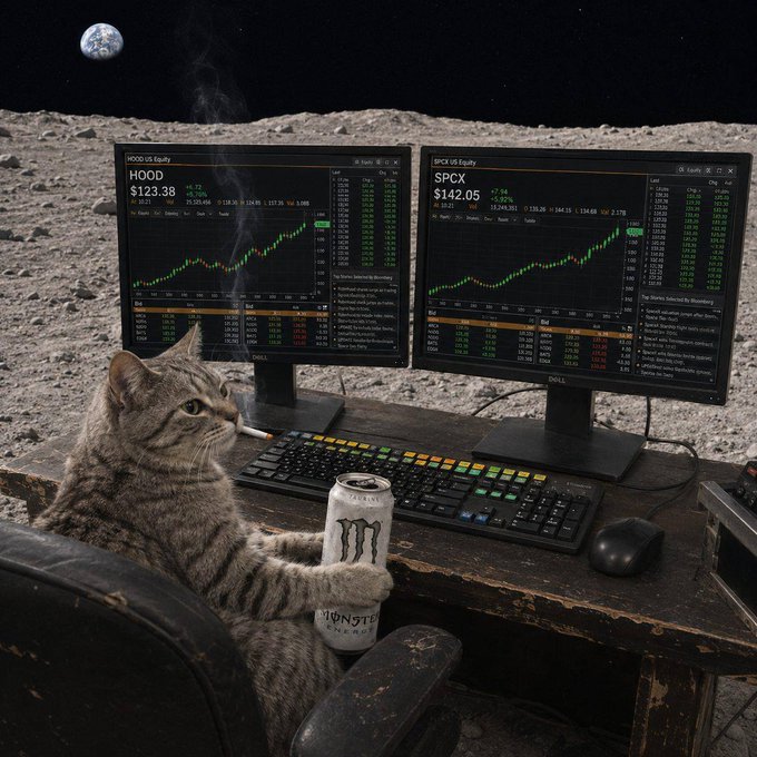 A humorous AI-generated image of a cat smoking a cigarette and holding a Monster Energy drink while trading stocks (HOOD and SPCX shown) on dual monitors, set against a moonlit lunar landscape with Earth visible in the sky.