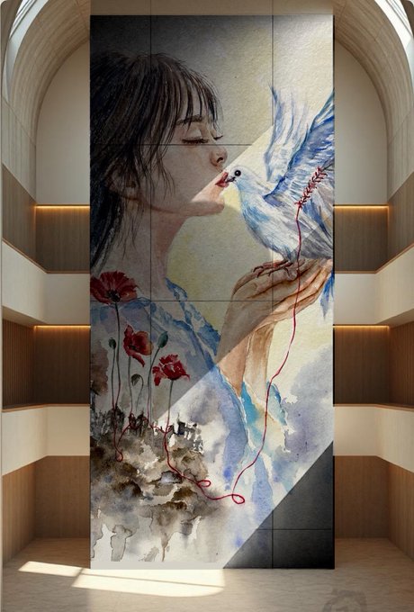 A large watercolor mural displayed in a wood-paneled interior space, depicting a woman with closed eyes holding a blue bird amid red poppies.