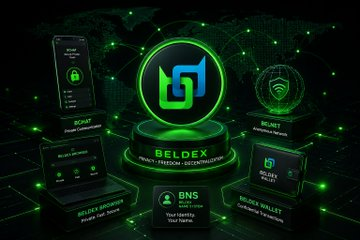 A promotional graphic for 'BELDEX' (BNS) cryptocurrency, featuring a green and black color scheme and highlighting features like 'BNSChat', 'Beldex Wallet', and 'BNS Pay'.