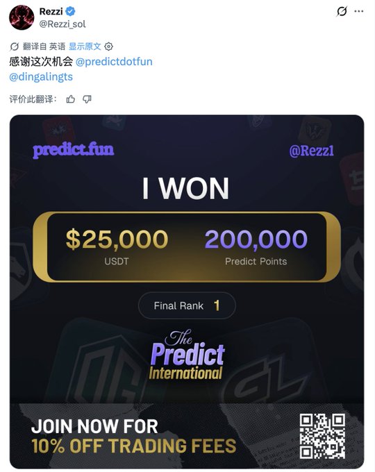A tweet from @Rezzi_sol celebrates winning $25,000 USDT and 200,000 Predict Points from predict.fun, finishing at Final Rank 1.