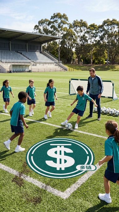 An AI-generated image shows children and a coach on a soccer field, with a large white dollar sign superimposed over the center circle of the pitch.