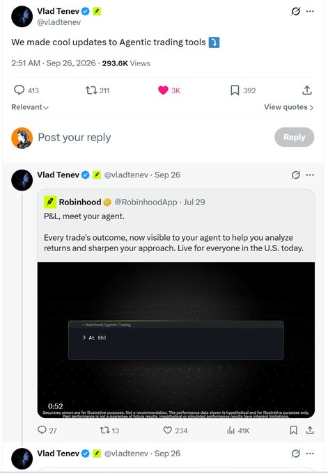 A tweet by Vlad Tenev (@vladtenev) announces 'We made cool updates to Agentic trading tools', quoting a Robinhood post about P&L features for every trade's outcome.