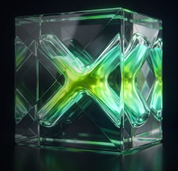 A 3D rendered transparent glass cube containing a glowing green and yellow X-shaped structure on a dark background.