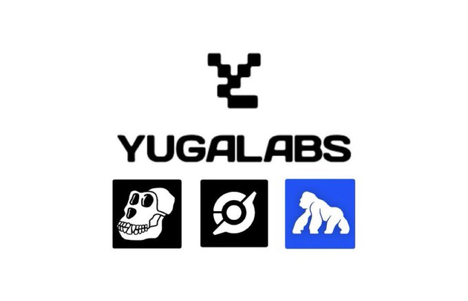The image features a logo for a company named "yugalabs" with three different images of a gorilla, a skull, and an arrow pointing downwards. The first image shows a gorilla facing forward, while the second image depicts a gorilla facing backwards. The third image presents a skull facing upwards. These images are arranged in a square format against a white background, creating a striking contrast that highlights the company's logo.