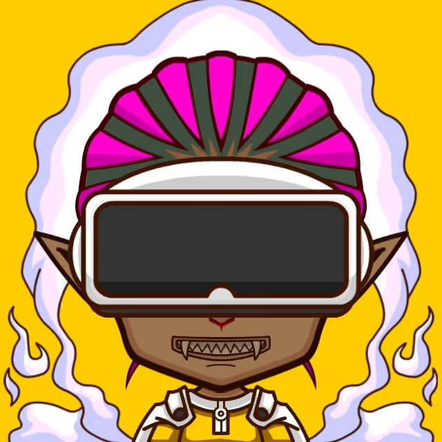 A digital illustration of a character with pointed ears, fangs, and white hair wearing a pink and dark gray cap and a VR headset, set against a bright yellow background with white smoke effects.