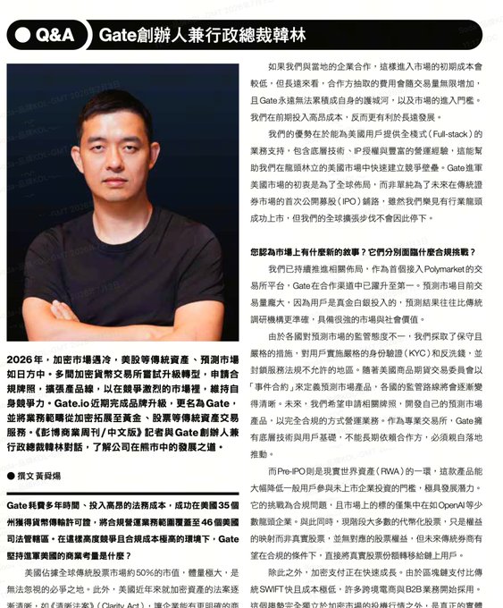 A Q&A article in Chinese featuring Gate.io founder and CEO Han Lin (韓林), discussing crypto market trends, regulatory challenges, and the company's strategic planning.