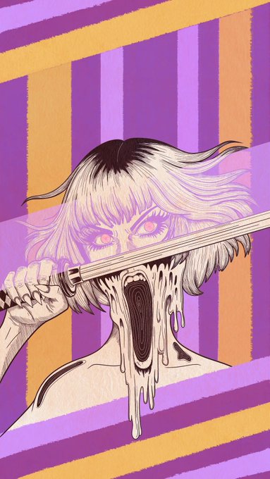 A stylized digital illustration of a character with a bob haircut holding a sword horizontally in front of their face, which appears to be melting or dripping, set against a background of purple and orange diagonal stripes.