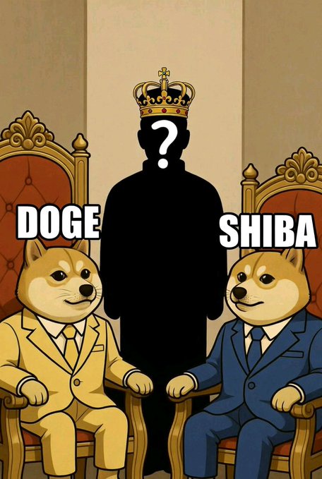 A cartoon illustration depicting DOGE and SHIBA characters in suits sitting on thrones flanking a mysterious silhouetted figure wearing a crown with a question mark.