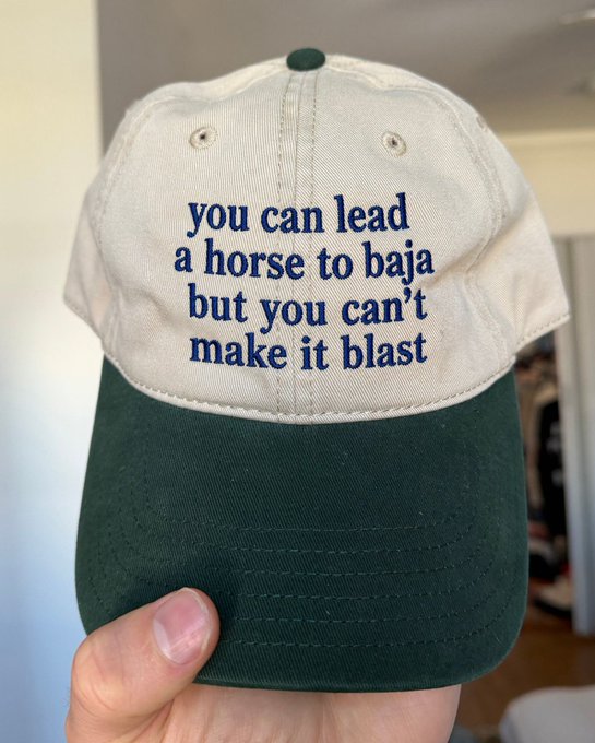 A two-tone baseball cap held by a hand displays the embroidered text 'you can lead a horse to baja but you can't make it blast'.