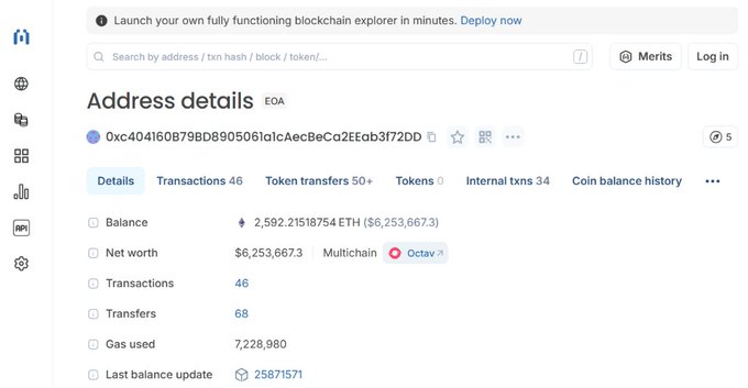 A blockchain explorer page showing address details for an EOA (Externally Owned Account) with address 0xc404160B79BD8905061c1cAecBeCa2EEb3f72DD, displaying a balance of 2,592.21518754 ETH ($6,253,667.3) and 46 transactions.