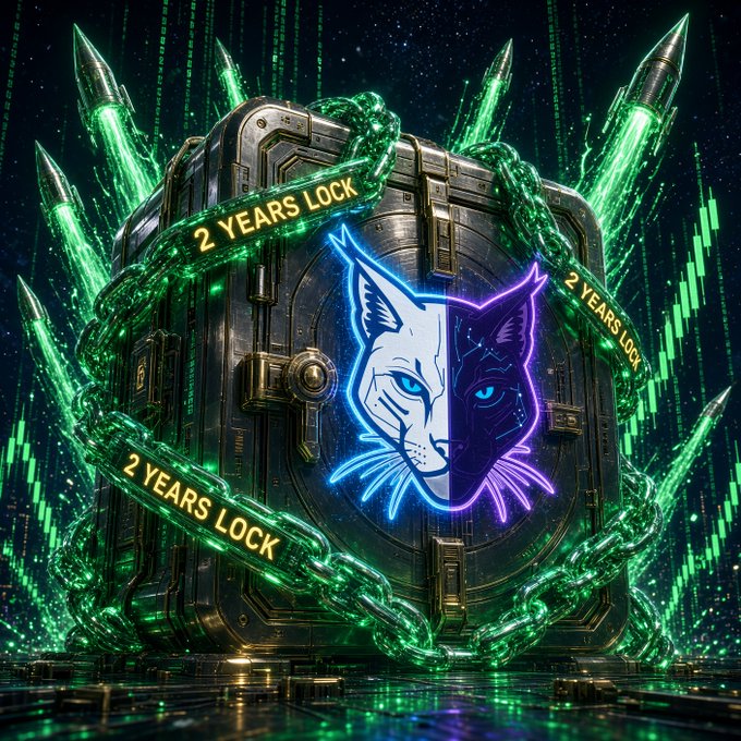 A chained vault bound in glowing green chains labeled "2 YEARS LOCK" features a split wolf emblem (half white, half purple) at its center, set against a Matrix-style green code backdrop with cyberpunk missiles. The image reinforces the post's message of $LMAX's locked liquidity and burned supply, symbolizing long-term commitment and conviction through the fortress-like vault metaphor.