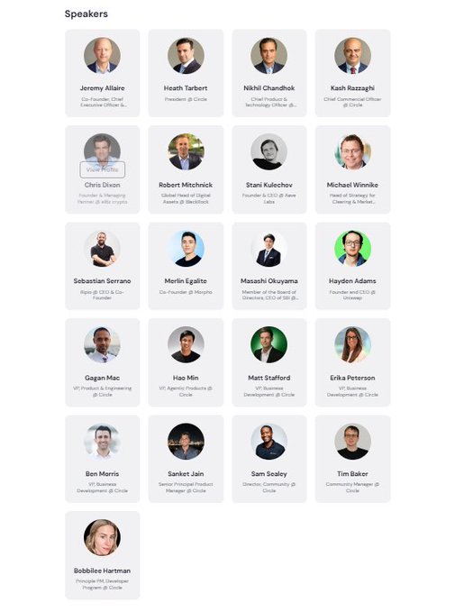A "Speakers" page lists crypto industry figures including Jeremy Allaire, Heath Tarbert, Nikhil Chandhok, Kash Razzaghi, Chris Dixon, and others with their titles and company affiliations.