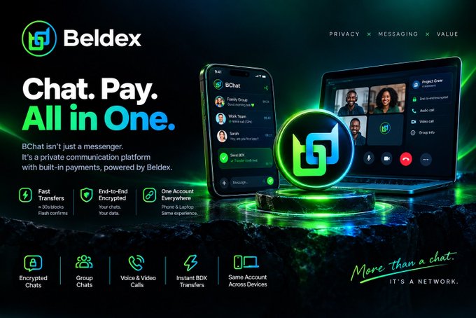 A promotional graphic for "Beldex" featuring the tagline "Chat. Pay. All in One." showing a phone and laptop displaying the "BChat" interface, highlighting features like encrypted chats and instant BDX transfers.