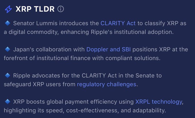 A dark blue infographic titled "XRP TLDR" featuring four key updates about XRP, including Senator Lummis's CLARITY Act to classify XRP as a digital commodity, Japan's collaboration with Doppler and SBI for institutional finance, Ripple's Senate advocacy, and XRP's role in global payment efficiency via XRPL technology. The image complements the "$XRP DAILY UPDATE" post by providing a quick summary of the latest regulatory and institutional developments surrounding the cryptocurrency.