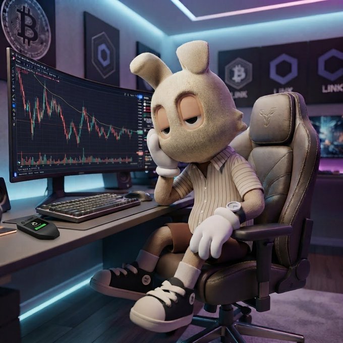 A 3D rendered illustration of a cartoon rabbit character wearing a striped shirt and sneakers, sitting in a gaming chair in front of a monitor displaying a cryptocurrency trading chart with Bitcoin logos visible on the wall.