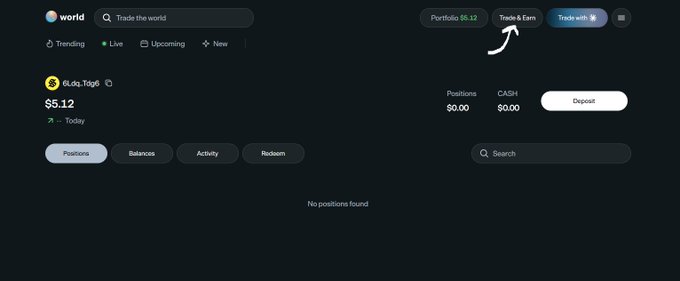 The image shows a portfolio dashboard on World with $5.12 displayed in both the Portfolio and Positions sections, alongside an arrow pointing to the "Trade & Earn" button in the top right corner where users can connect their X account. The page indicates no positions are found, consistent with the accompanying post noting that while the wallet connection displays $5.12, the trade page fails to load.